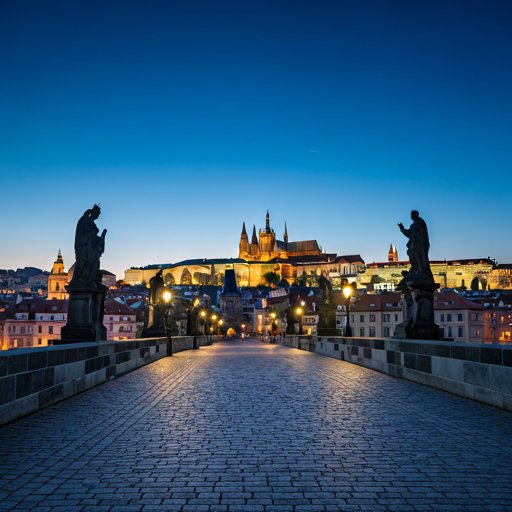 Cinematic landscape of the Prague Old Town Square at dusk, showing the Church of Our Lady before Týn and the Jan Hus Memorial. Beautiful evening sky, warm city lights, cobble stone streets. --v 6.0