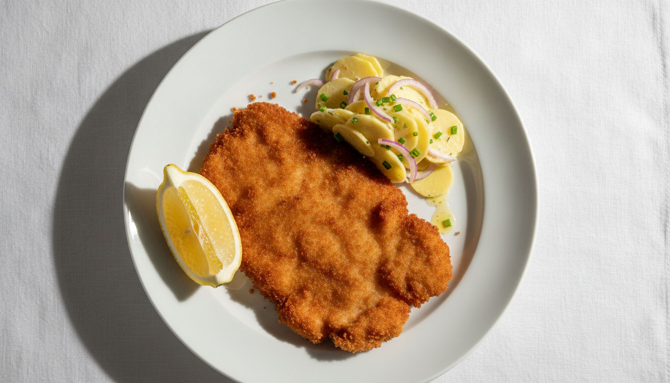 A top-down view of a traditional Austrian Wiener Schnitzel, golden-brown and crispy, served with a lemon wedge and a side of potato salad. Elegant white plate, light and airy culinary photography.